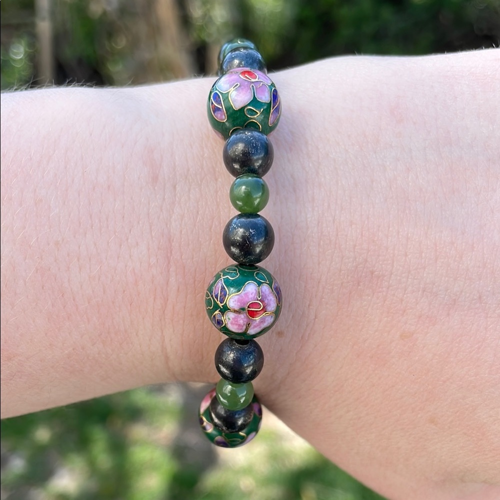Green Bead with Pink Flower Detail Bracelet